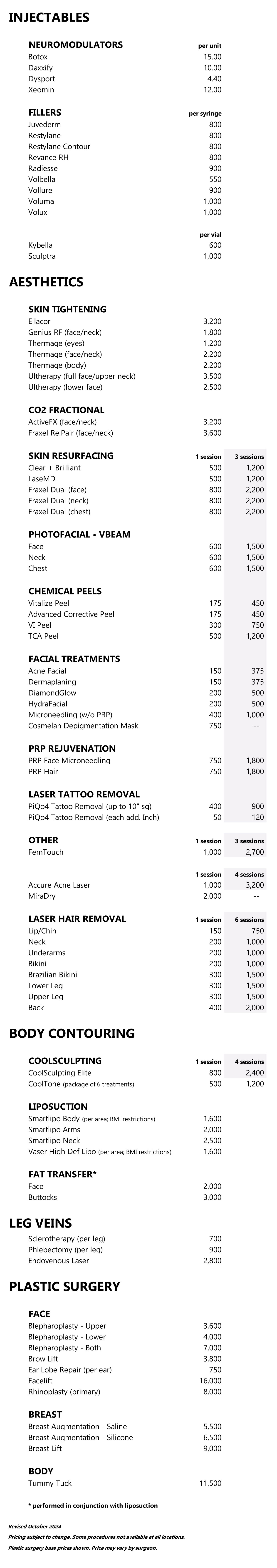 procedure pricing list